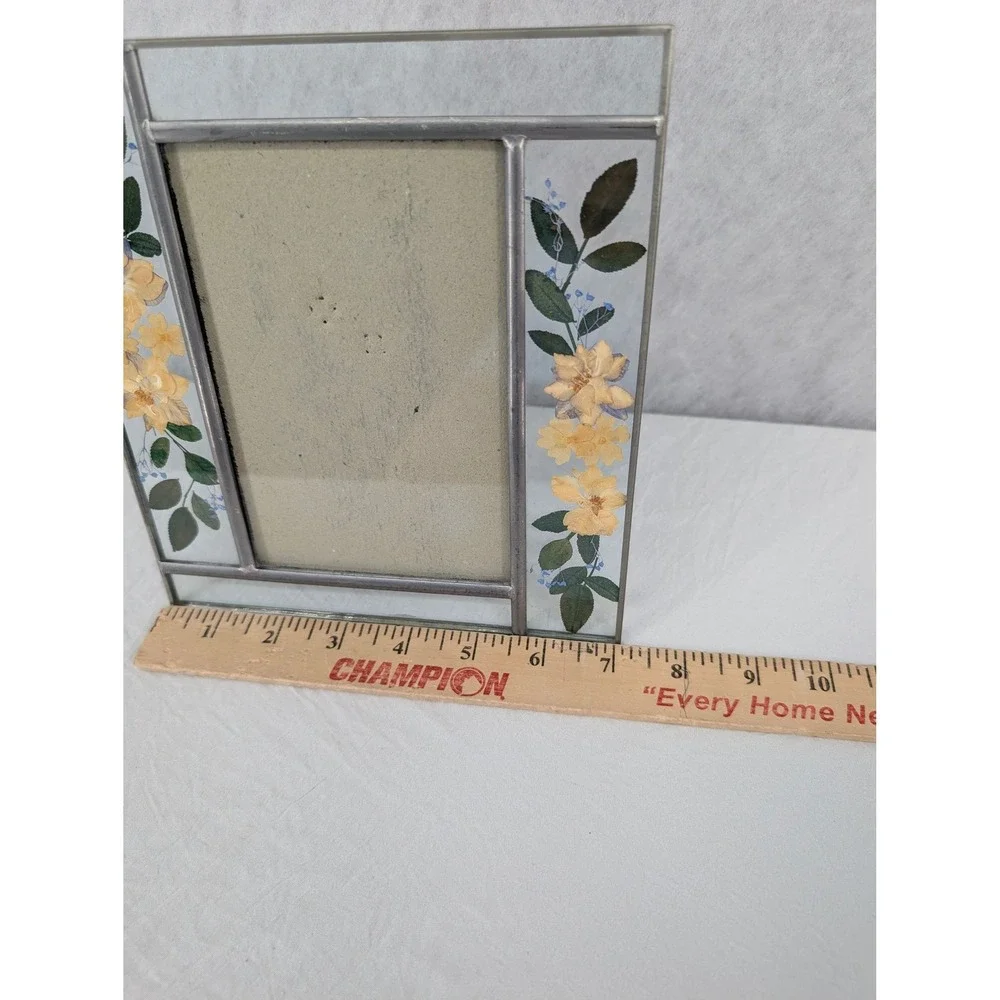 Pressed Flower Glass Picture Frame Silver Yellow Floral Cottagecore 7.75x7